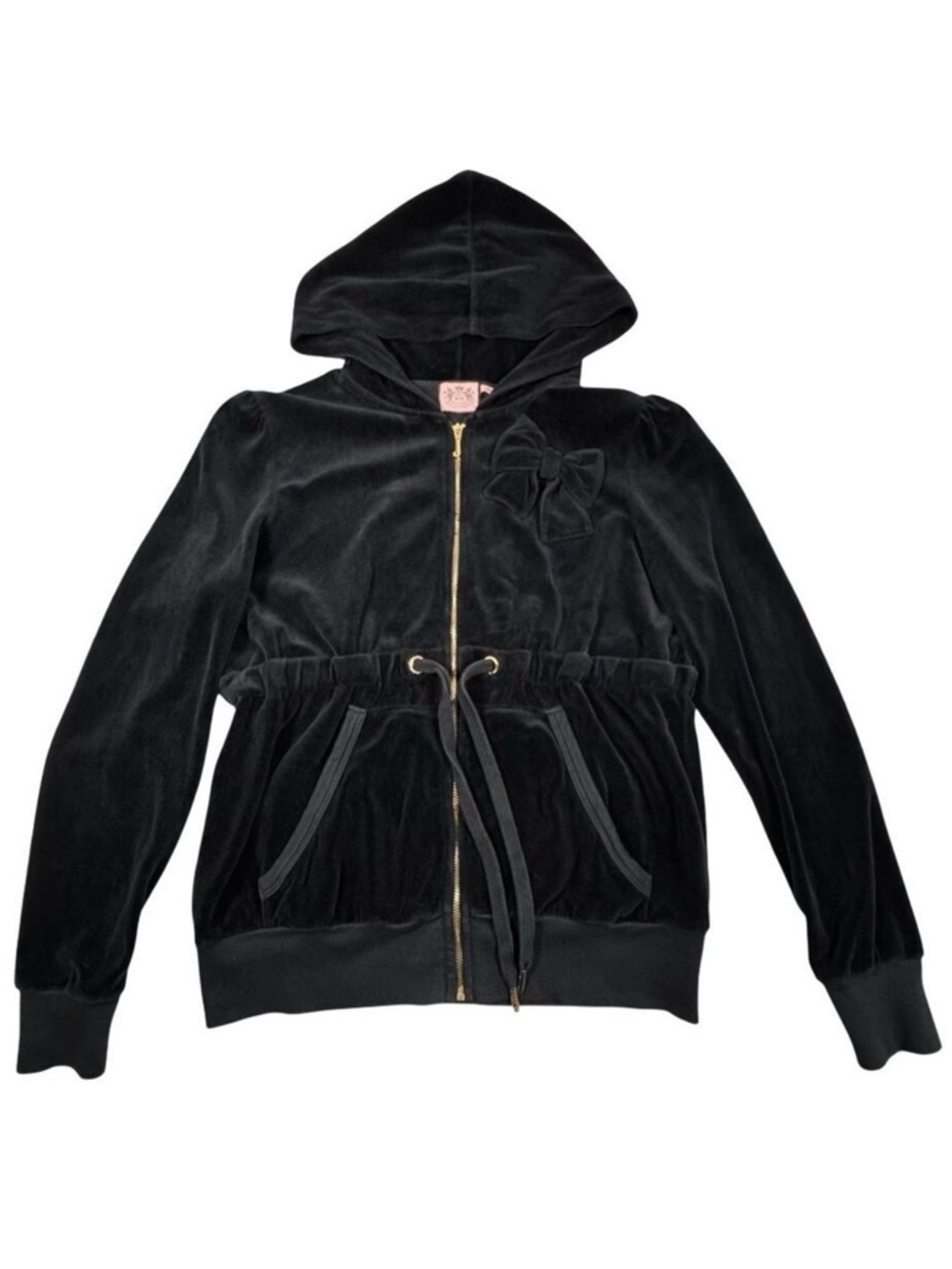 Vintage Y2K Juicy Couture Velour Jacket SZ XL Black Bow Babydoll Hooded Goth